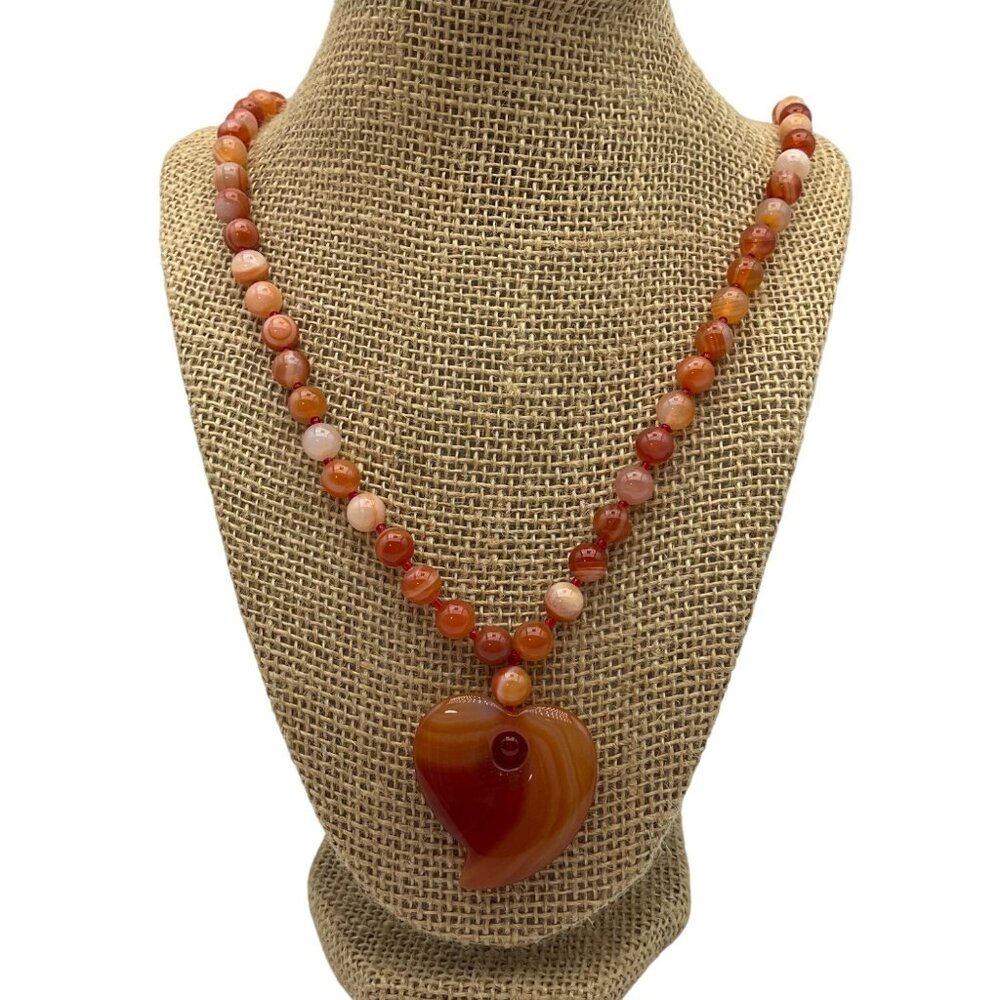 New Long Orange Agate Beaded Necklace Heart Pendant Engraving 15"